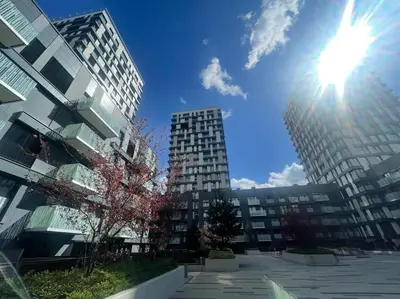 a view of two tall buildings in a city at Garden Park Studio in Prague