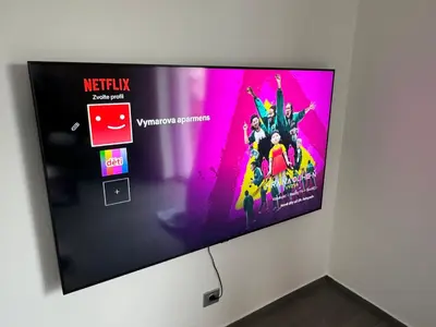 a flat screen tv hanging on a wall at Apartmán byt 75m2 klid příroda pro rodinu in Prague