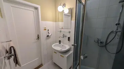 a white bathroom with a sink and a shower at Flat in Zizkov -502- in Prague