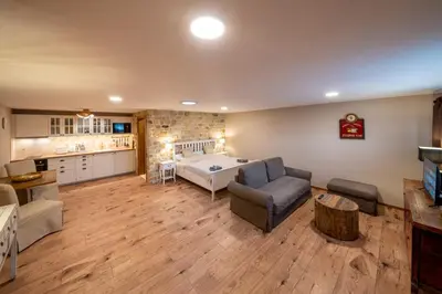 a large living room with a bed and a kitchen at Prague West - Studio Chyne Terrace in Chýně