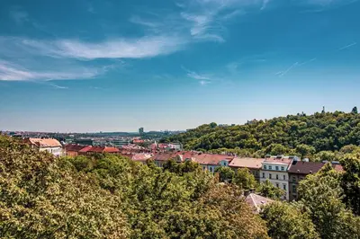 a view of a city with trees and buildings at Luxury Penthouse Prague in Prague