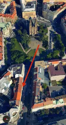 an aerial view of a city with a red arrow at Fantastic location! SUPERHOST 5 STAR in Prague