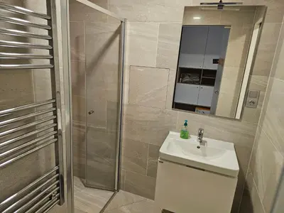 a bathroom with a shower and a sink and a mirror at NEW Apartment - O2 Arena Prague with parking in Prague