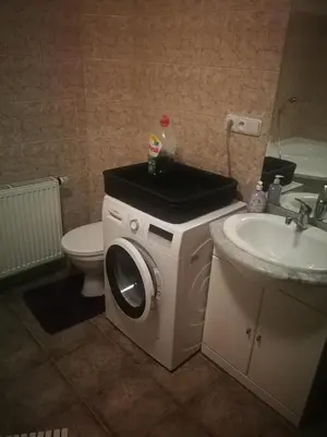 a bathroom with a washing machine and a sink at Vila Barrandovská patro 2 in Prague