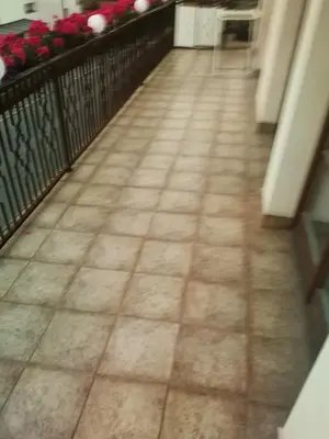 a tile floor in a balcony with flowers at Vila Barrandovská patro 2 in Prague