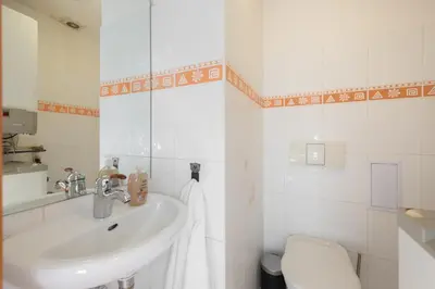 a white bathroom with a sink and a toilet at Spacious apartments near National theatre in Prague
