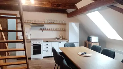 a kitchen with a table and chairs in a room at Ubytování Ždírec in Ždírec