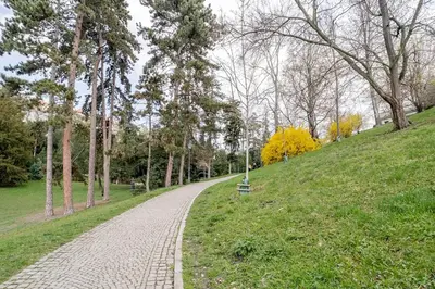 a cobblestone path in a park with trees at Blueground Vršovice furnished equipped PRG-5 in Prague