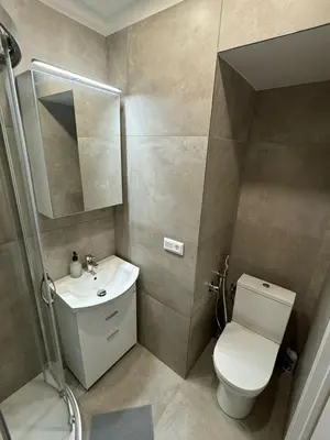 a bathroom with a toilet and a sink and a mirror at Cool Vitkova apartment with balcony in Prague