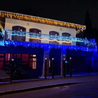 a building with blue christmas lights on it at Villa Barrandov pokoj 3 in Prague
