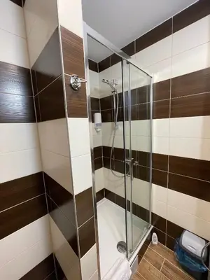 a shower with a glass door in a bathroom at Hotel Jahodnice in Prague