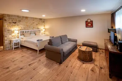 a bedroom with a bed and a couch and a tv at Studio Flat - Sleeps 3 - Parking - Wifi in Hostivice