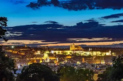 a view of a city at night at Super central Prague apartment SUPERHOST 5 stars in Prague