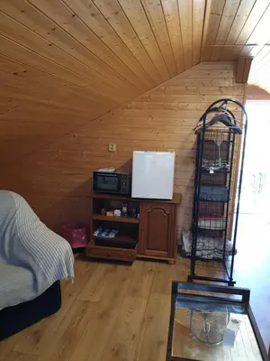 a room with a bed and a tv on a shelf at u dobroty in Nový Dŭm