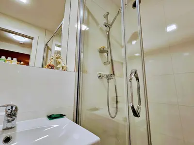 a bathroom with a shower and a sink at TERRACE-VIEW 2BR PRAGUE APARTMENTS for Business & Leisure, FREE PARKING & Gym, Near Metro & Aqua Sport Centre in Prague