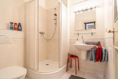 a bathroom with a shower and a toilet and a sink at 1 Bed Flat - Sleeps 4 - Pets - Wifi in Prague