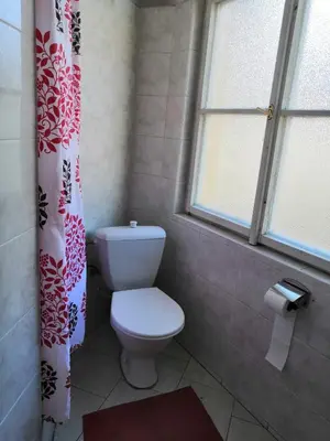 a bathroom with a toilet and a shower curtain at 3 min Walk Old Town Center private room C in Prague