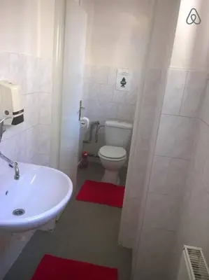 a bathroom with a white toilet and a sink at Charles bridge, Old town3 Min walk Private Room E in Prague