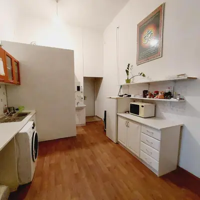 a kitchen with white cabinets and a refrigerator at Charles bridge, Old town3 Min walk Private Room F in Prague