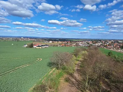 an aerial view of a green field with a town at Bee house