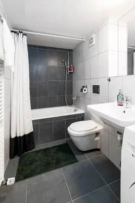 a bathroom with a tub and a toilet and a sink at Spacious loft-aparts on Karlin in Prague