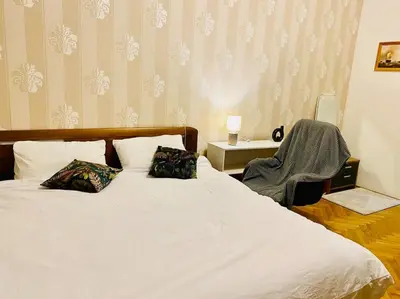 a bedroom with a bed with two pillows and a chair at Emperor apartment in centre in Prague