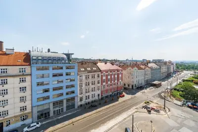 an aerial view of a city street with buildings at Brand new studio apartment #30 in brand new building FREE PARKING close to center in Prague
