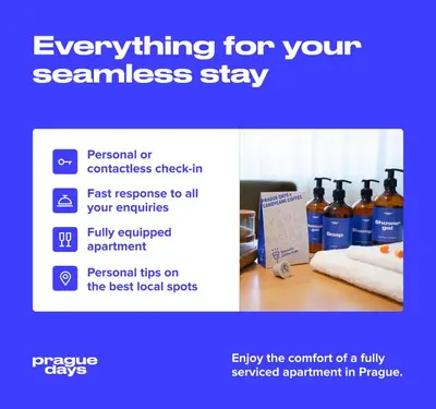 a flyer with bottles of essential oils on a table at Prague Days - One Bedroom Apartment with Garage Parking in Smíchov City in Prague