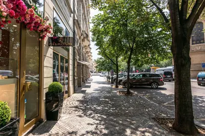 a street with a tree and a building at Bohemian charm apartment by Paris Avenue 1 in Prague