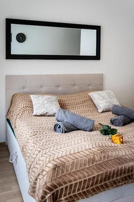 a bedroom with a bed with a mirror on the wall at Bohemian Luxe Central in Prague