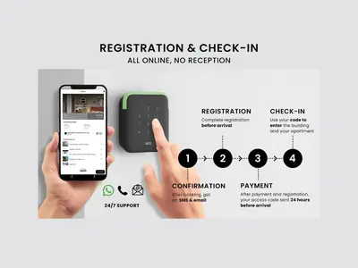 a hand holding a phone with a check in sign at 4 Trees Apartments by Adrez in Prague