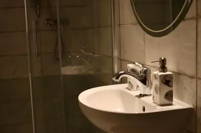a bathroom with a sink and a mirror and a shower at Penzion U Kapra in Roudnice nad Labem
