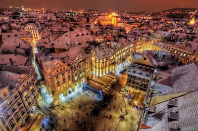 an aerial view of a city at night at City centre Apartment Prague by Michal&Friends in Prague