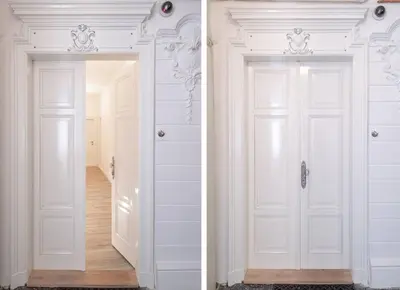 two white doors in a room with a hallway at Wenceslas Square / Main Station - NEW STUDIO***** in Prague