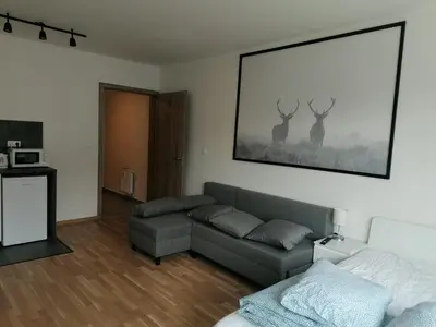a living room with a couch and two deer on the wall at Brand new studio apartment #21 with free secure parking in the center in Prague
