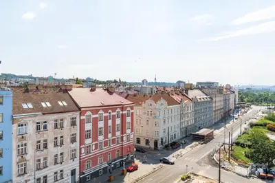 an aerial view of a city street with buildings at Brand new studio apartment #21 with free secure parking in the center in Prague
